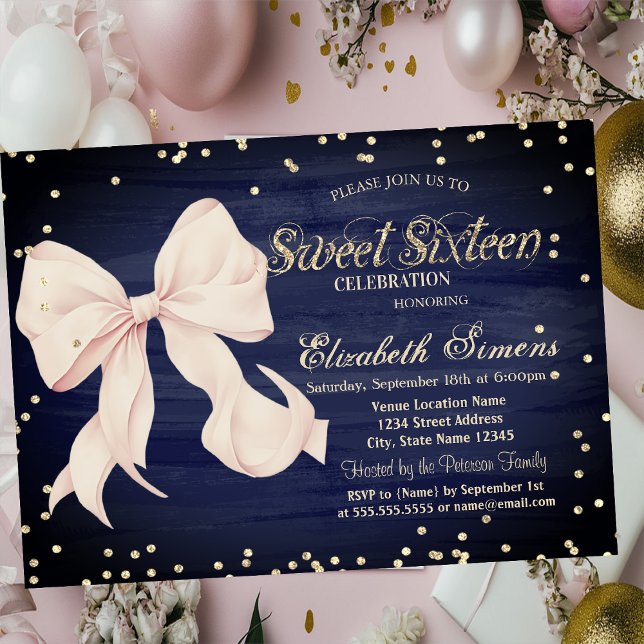 Pink Bow Gold Diamonds Navy Blue Sweet 16 Invitation (Creator Uploaded)
