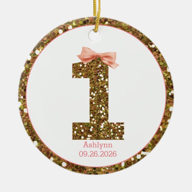 Pink Bow Gold Glitter One 1st Birthday Ceramic Tree Decoration (Front)