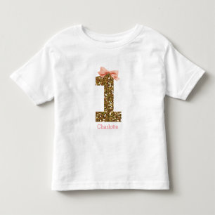 Pink Bow Gold Glitter One 1st Birthday Toddler T-Shirt
