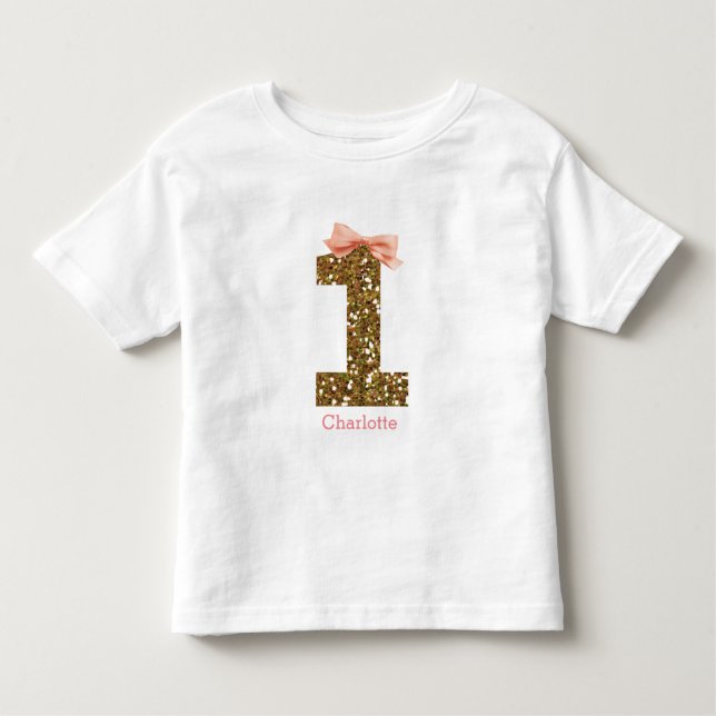 Pink Bow Gold Glitter One 1st Birthday Toddler T-Shirt (Front)