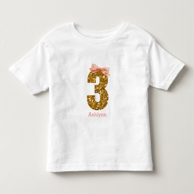 Pink Bow Gold Glitter Three 3rd Birthday Toddler T-Shirt (Front)
