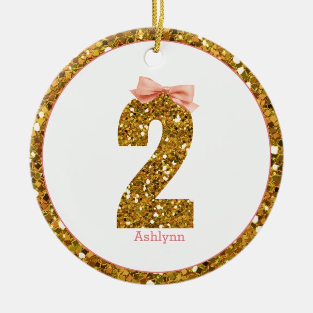 Pink Bow Gold Glitter Two 2nd Birthday Ceramic Tree Decoration (Front)