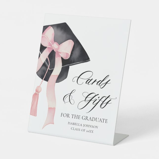 Pink Bow Grad Party Graduate Cards and Gifts Pedestal Sign (Front)