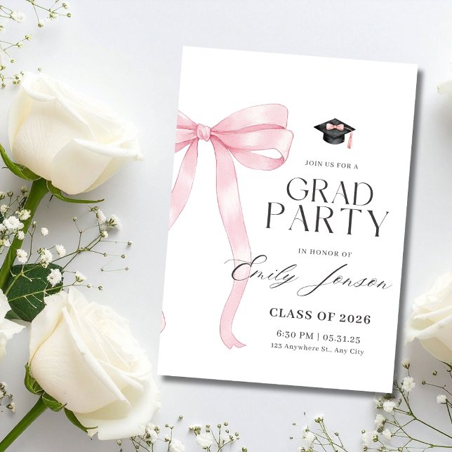 Pink Bow Graduation Party Coquette Modern Graduate Invitation (Creator Uploaded)