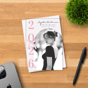 Pink Bow Graduation Photo Black and White Acrylic Invitations