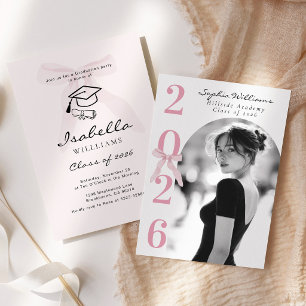 Pink Bow Graduation Photo Black and White Invitation