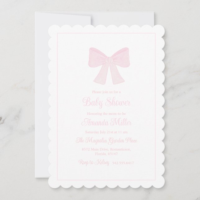Pink Bow Grandmillennial Preppy Baby Shower Invitation (Front)