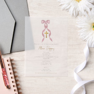 Pink Bow Greek Orthodox Christening Girl Baptism Vellum Invitations