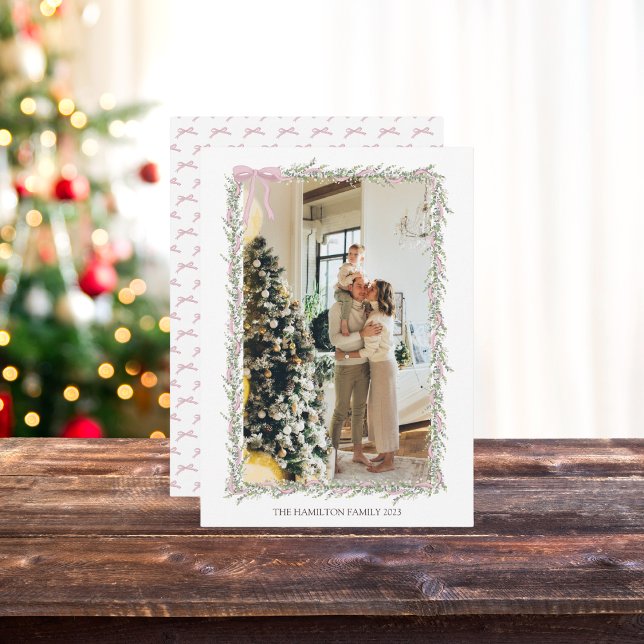 Pink Bow Green Garland Christmas Photo  Holiday Card (Creator Uploaded)