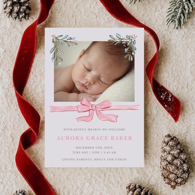 Pink Bow Greenery Christmas Baby Announcement (Creator Uploaded)