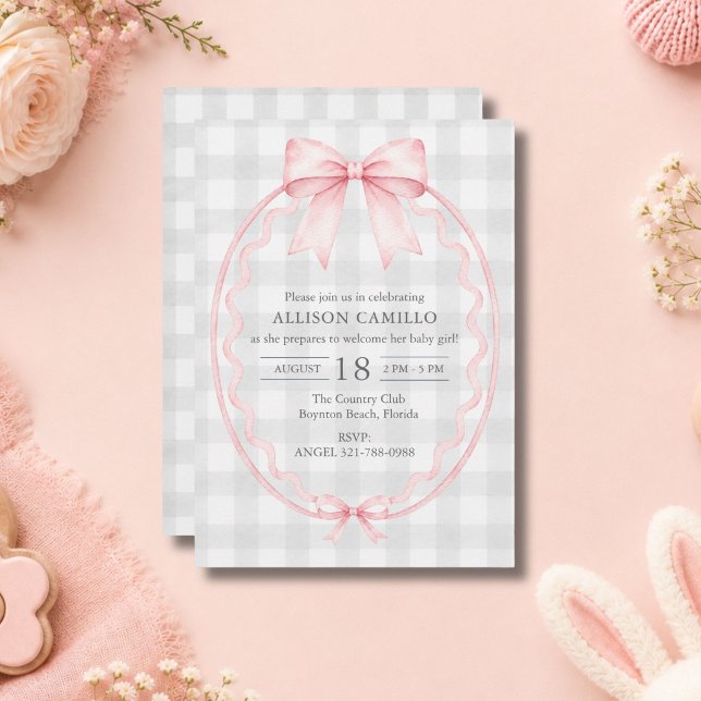 Pink Bow Grey Gingham Baby Shower Invitation (Pink Bow Gray Gingham Baby Shower Invitation)