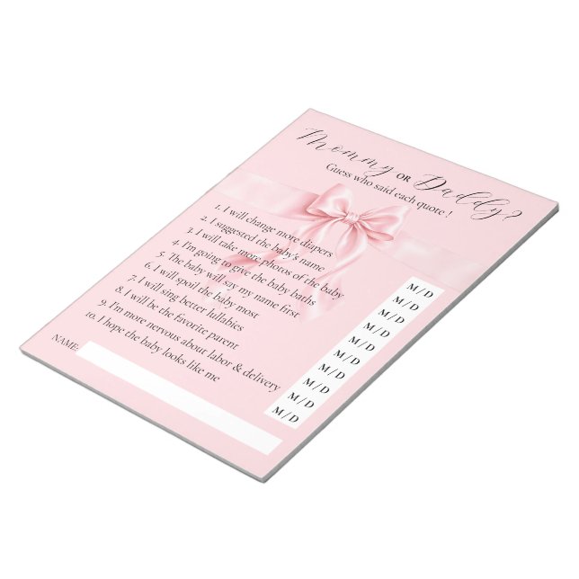 Pink Bow Gril baby shower GAME: Mummy or Daddy Notepad (Angled)