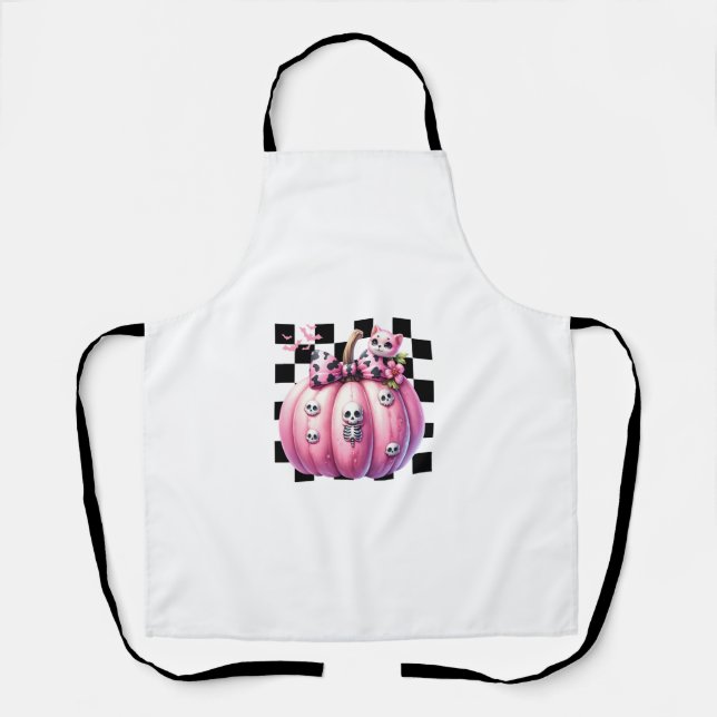 Pink Bow Halloween Pumpkin With Kitten Cat Skulls  Apron (Front)
