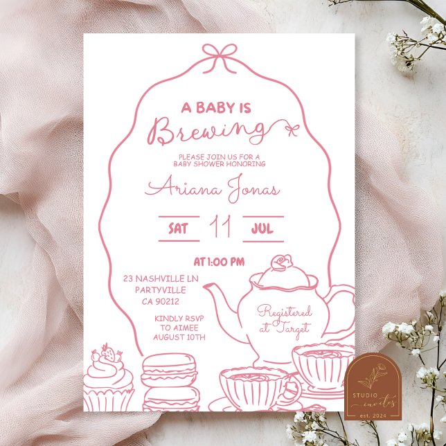  Pink Bow Hand Doodle A Baby is brewing baby showe Invitation (Creator Uploaded)