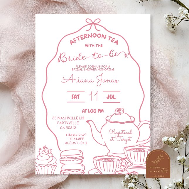 Pink Bow Hand Doodle Afternoon tea bridal shower  Invitation (Creator Uploaded)