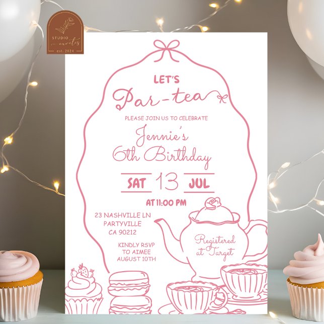 Pink Bow Hand Doodle Let's Par-Tea Birthday Invitation (Creator Uploaded)