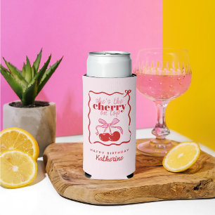 Pink Bow Hand Drawn Cherry on Top Birthday Party Seltzer Can Cooler