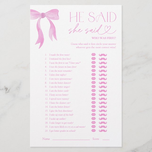 Pink Bow He Said She Said Bridal Shower Game (Front)