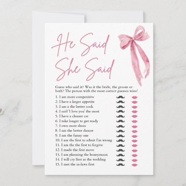Pink Bow He Said She Said Bridal Shower Game Invitation (Front)