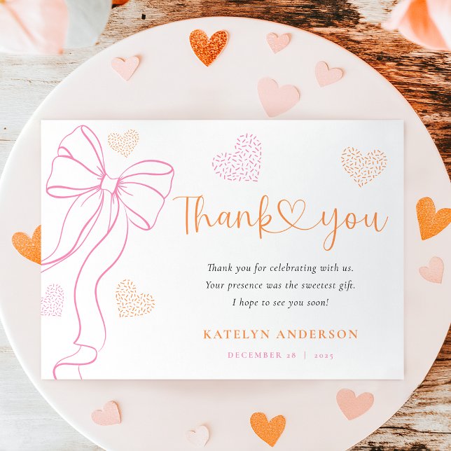 Pink Bow Hearts Baby Sprinkle Thank You Card (Creator Uploaded)