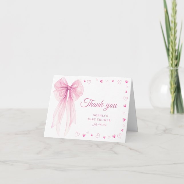 Pink Bow & Hearts Thank You Card (Front)