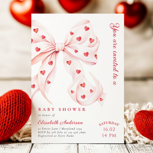 Pink Bow Hearts Valentines Baby Shower Invitation (Creator Uploaded)