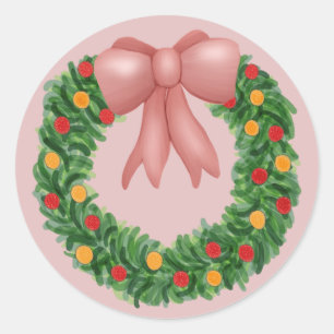 Pink Bow Holiday Wreath Classic Round Sticker