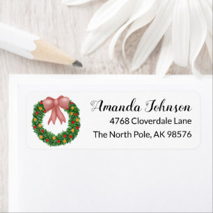Pink Bow Holiday Wreath Return Address