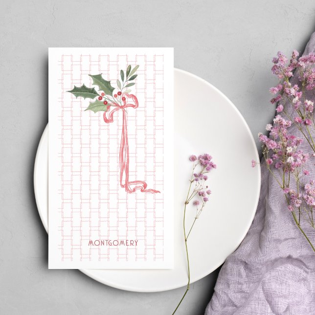 Pink Bow Holly Berry Christmas Guest Towel Napkin (Creator Uploaded)