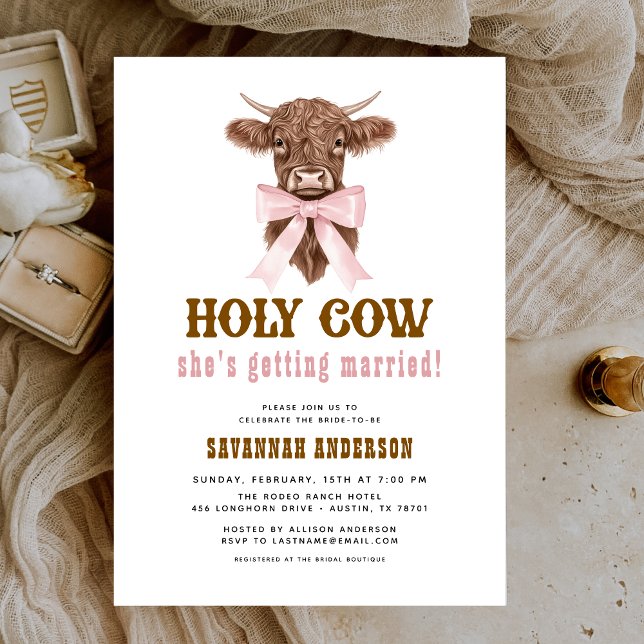 Pink Bow Holy Cow Western Cowgirl Bridal Shower  Invitation (Creator Uploaded)