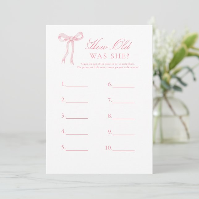 Pink Bow How Old Was She Guessing Bridal Game Invitation (Standing Front)