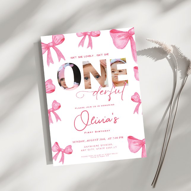 pink bow Isn't She Onederful 1st Birthday 3 photo Invitation (Creator Uploaded)