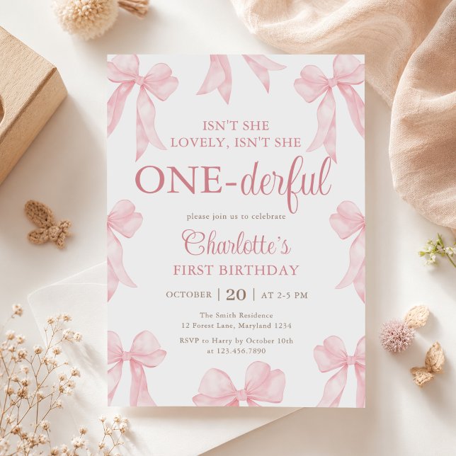  Pink Bow Isn't She Onederful 1st Birthday Invitation (Creator Uploaded)