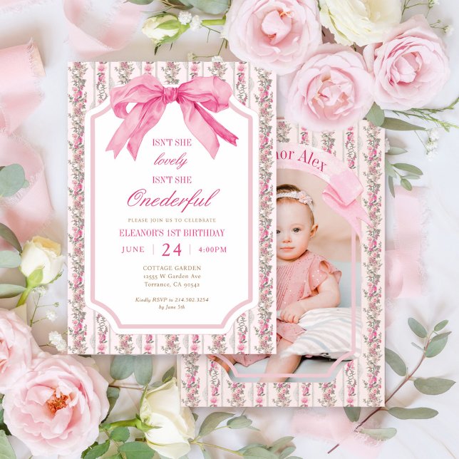 Pink Bow Isn't She Onederful Girl 1st Birthday  Invitation (Creator Uploaded)