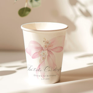 Pink Bow Isn't she wonderful girl 1st Birthday Paper Cups