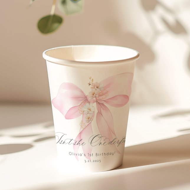 Pink Bow Isn't she wonderful girl 1st Birthday Paper Cups (Creator Uploaded)