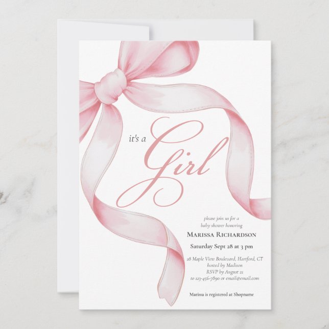 Pink Bow It's a Girl Baby Shower Invitation (Front)
