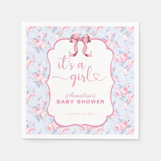Pink Bow It's A Girl Baby Shower Napkin (Front)