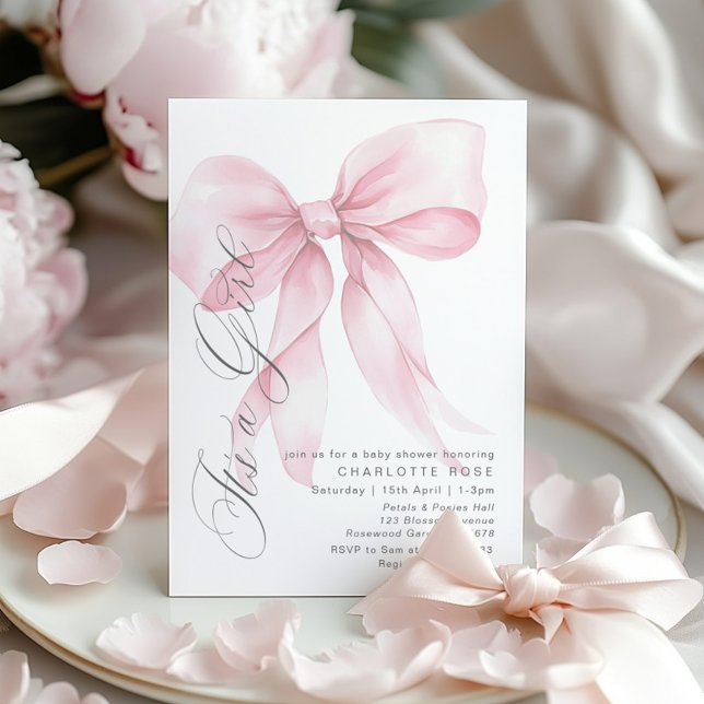 Pink Bow Its a girl Floral pastel Baby Shower Invitation (Creator Uploaded)