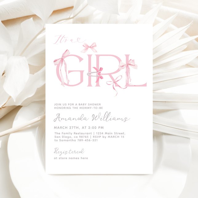 Pink Bow It's a Girl Modern Baby Shower Invitation (Creator Uploaded)