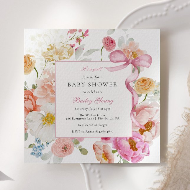 Pink Bow It's a Girl Wildflower Baby Shower Invitation (Creator Uploaded)