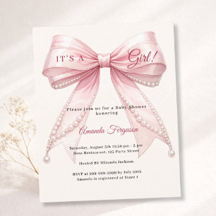Pink bow ivory it's a girl Baby Shower invitation