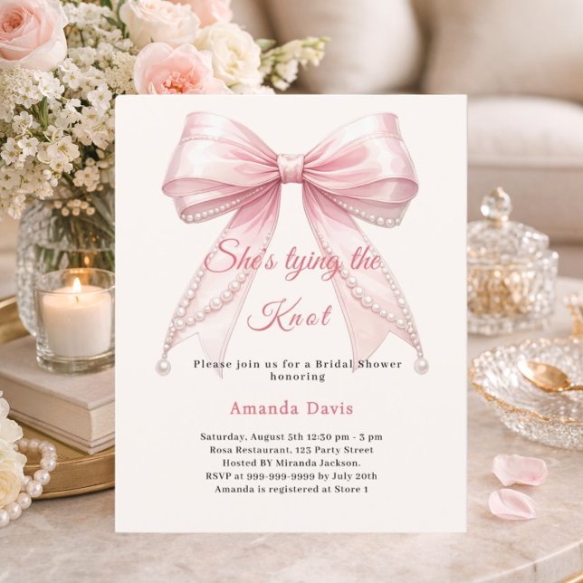 Pink bow ivory pearl knot Bridal Shower invitation (Creator Uploaded)