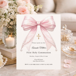 Pink bow ivory pearls First Communion invitation
