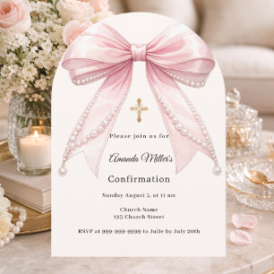 Pink bow ivory pearls girl Confirmation arch Invitation
