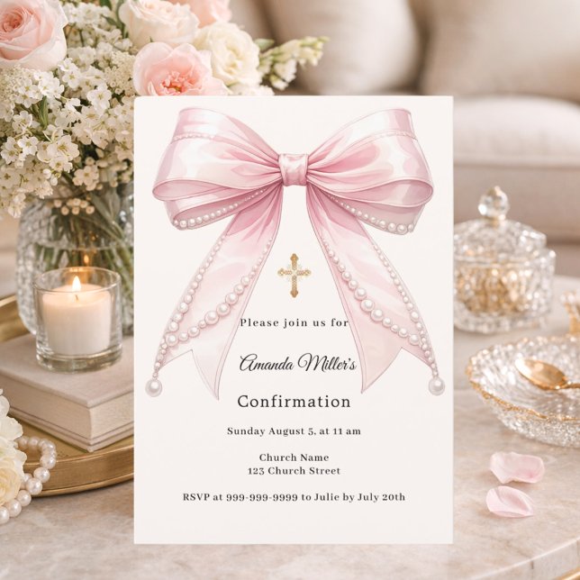 Pink bow ivory pearls girl elegant Confirmation Invitation (Creator Uploaded)