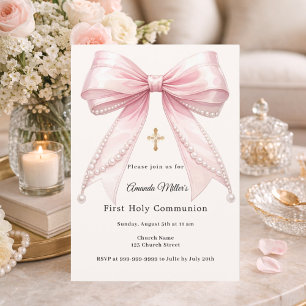 Pink bow ivory pearls girl elegant First Communion Invitation
