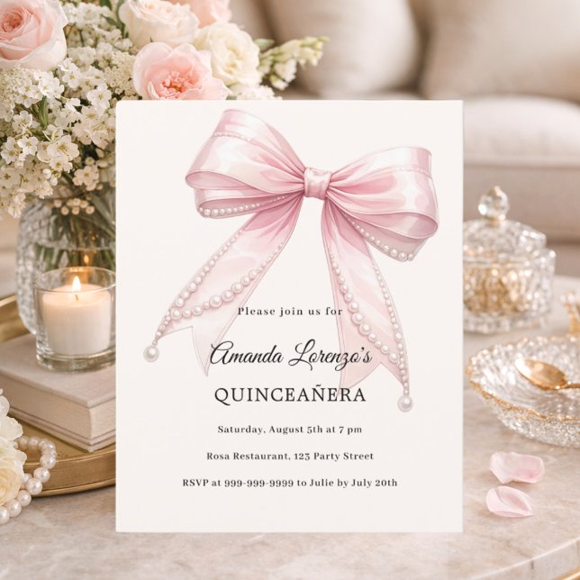 Pink bow ivory pearls Quinceanera invitation (Creator Uploaded)