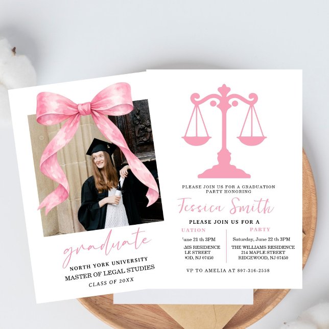 Pink Bow Law University Graduation Party  Invitation (Creator Uploaded)