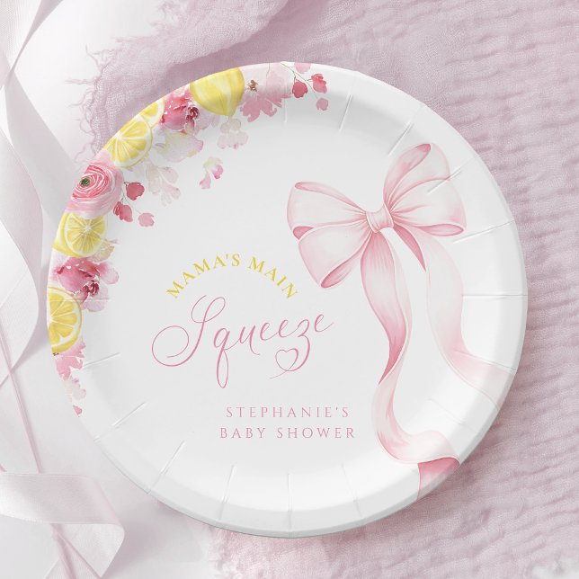 Pink Bow Lemon Baby Shower Paper Plates (Creator Uploaded)